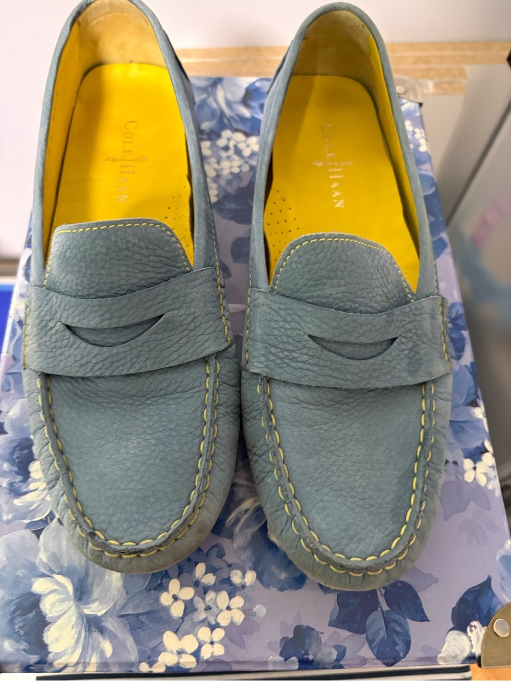 Cole Haan Teal Blue Leather Penny Loafers with Yellow Insole